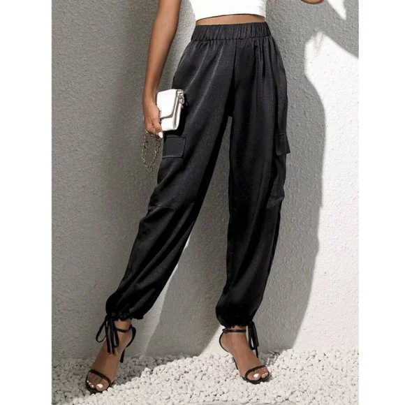 Luxe Look Satin Pocketed Joggers - Black - Picture 3 of 6